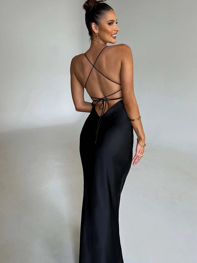 Satin Backless Lace Up Mermaid Slip Dress Women