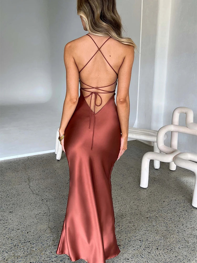 Satin Backless Lace Up Mermaid Slip Dress Women