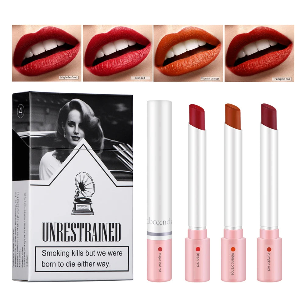 4 pcs/set Cigarette Lipstick Set Long Lasting Lip Glaze Matte Lip Gloss Waterproof Lip Stick Tube Nude Lip Tint Makeup Cosmetics