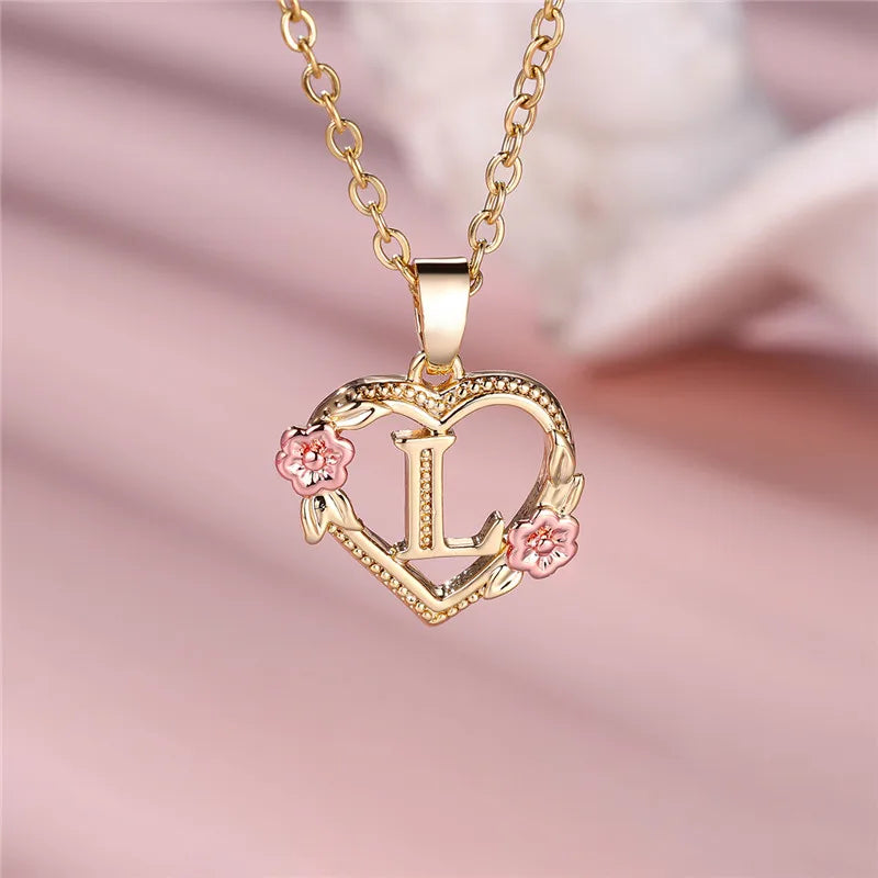 A-Z Letter Flower Pendant Necklace Yellow Gold Color Jewelry Gift For Women