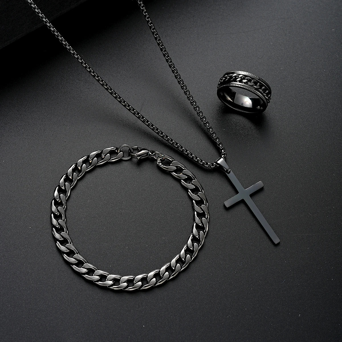 3 Pcs Stainless Steel Bracelet Necklace Ring for Men