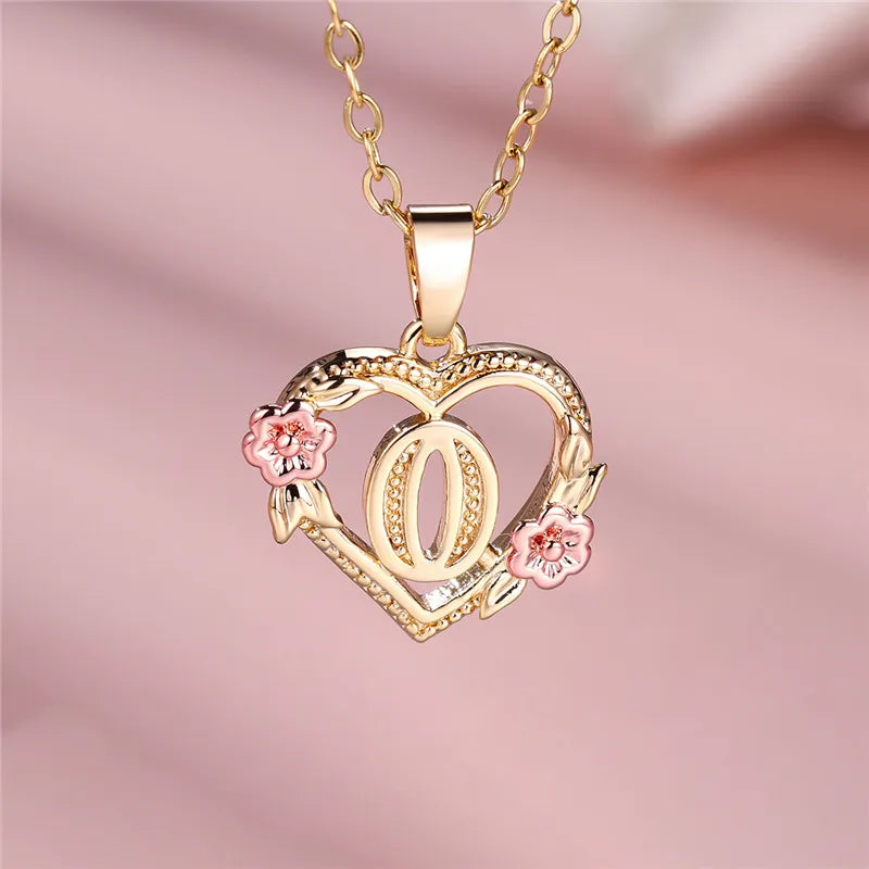 A-Z Letter Flower Pendant Necklace Yellow Gold Color Jewelry Gift For Women