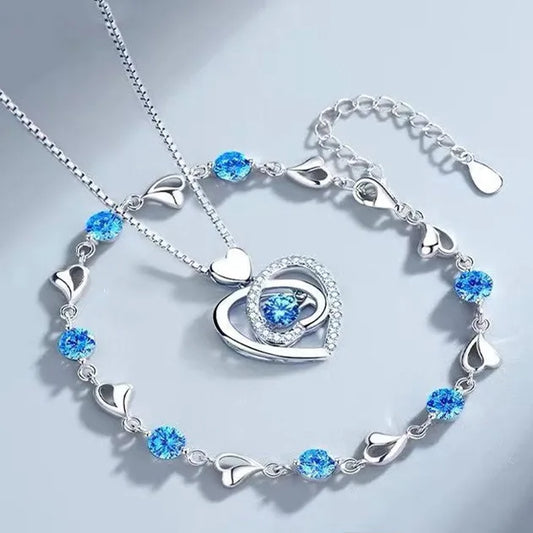 Sterling Silver Heart Shaped Necklace Bracelet Set for Women