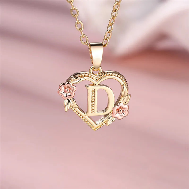 A-Z Letter Flower Pendant Necklace Yellow Gold Color Jewelry Gift For Women