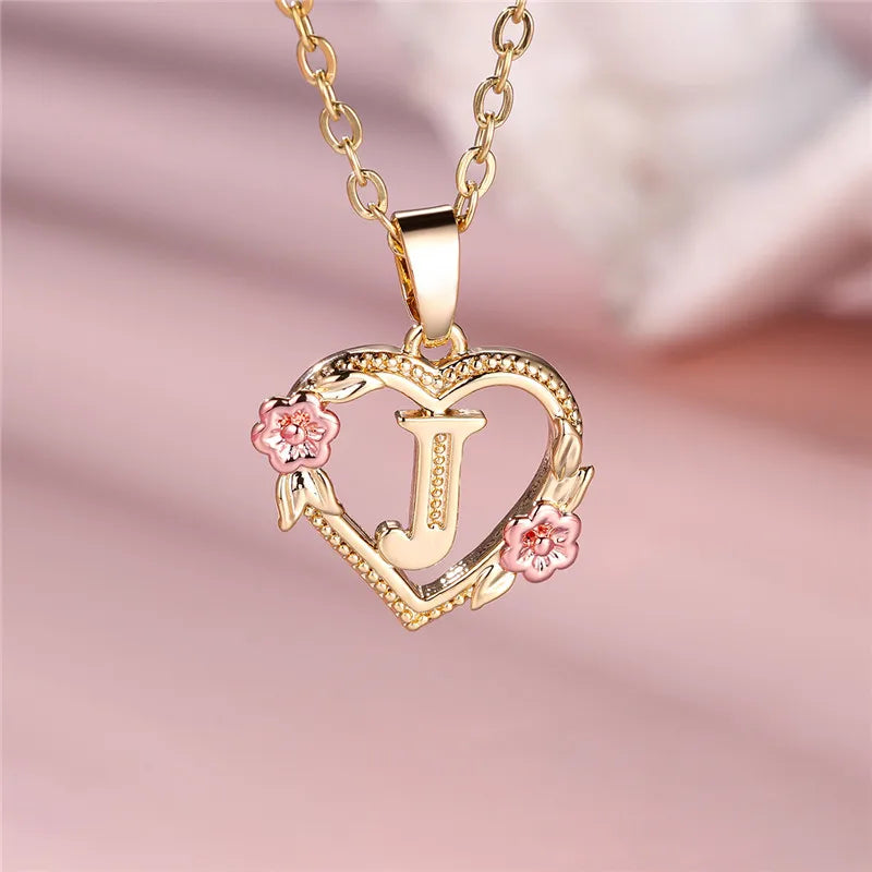 A-Z Letter Flower Pendant Necklace Yellow Gold Color Jewelry Gift For Women