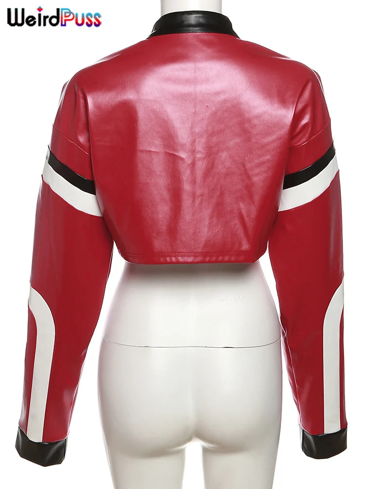 Leather Varsity Jacket Women Crop Coat