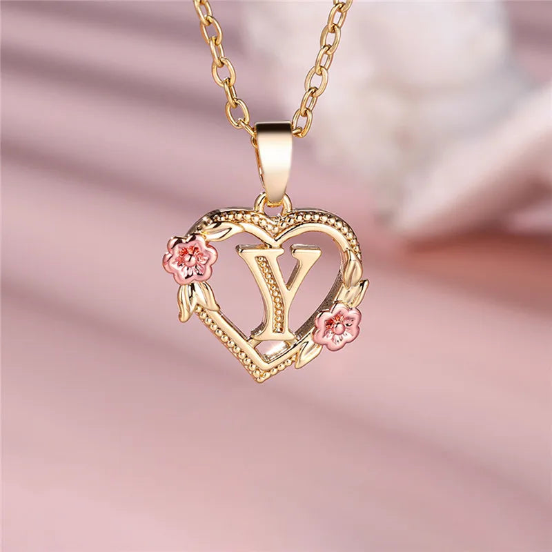 A-Z Letter Flower Pendant Necklace Yellow Gold Color Jewelry Gift For Women