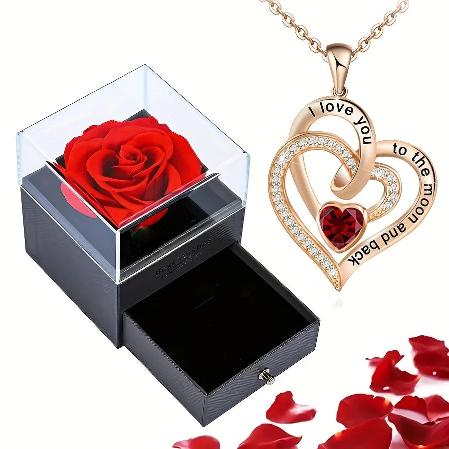 Luxury Love Heart Zircon Necklace With Rose Flower Gifts Box