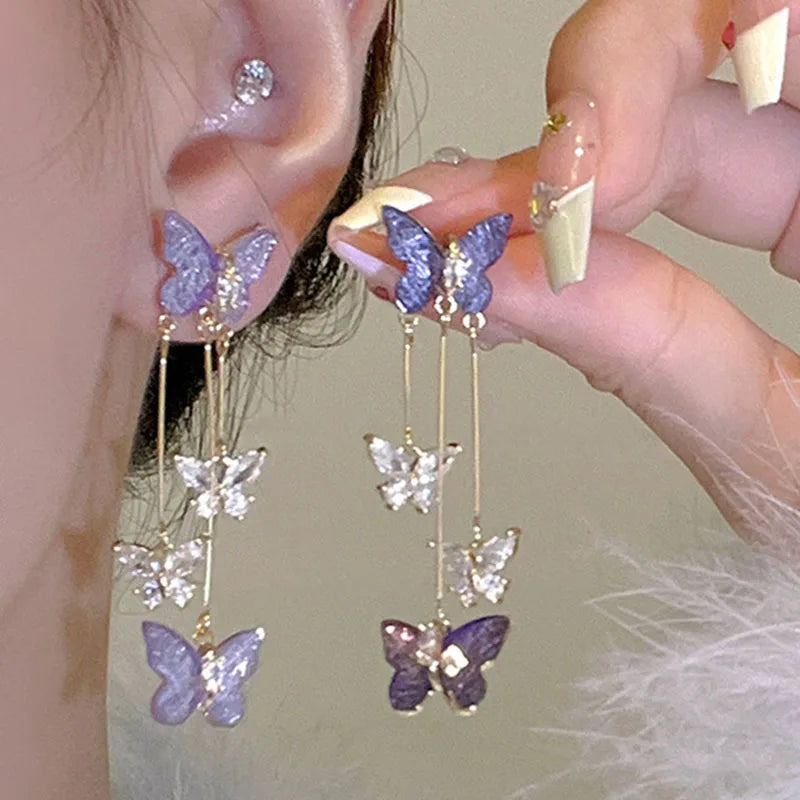 Silver Needle Purple Butterfly Long Tassel Earrings For Women