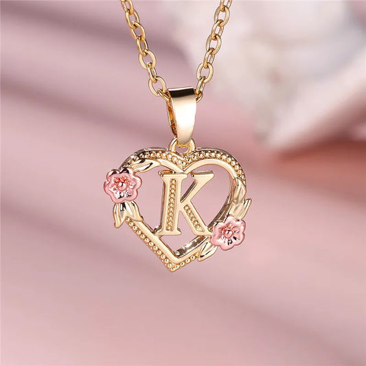 A-Z Letter Flower Pendant Necklace Yellow Gold Color Jewelry Gift For Women