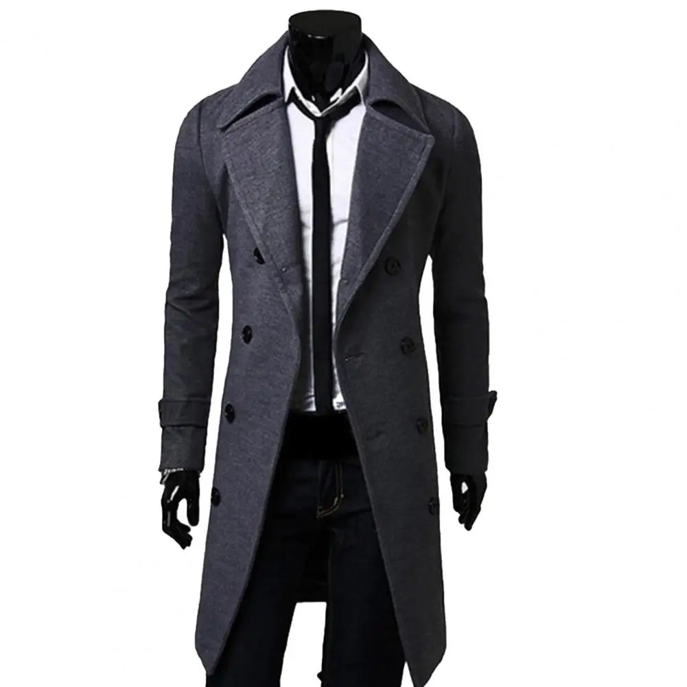 Simple Trench Coat  Double-breasted Male Men Coat  Coldproof Pure Color Jacket