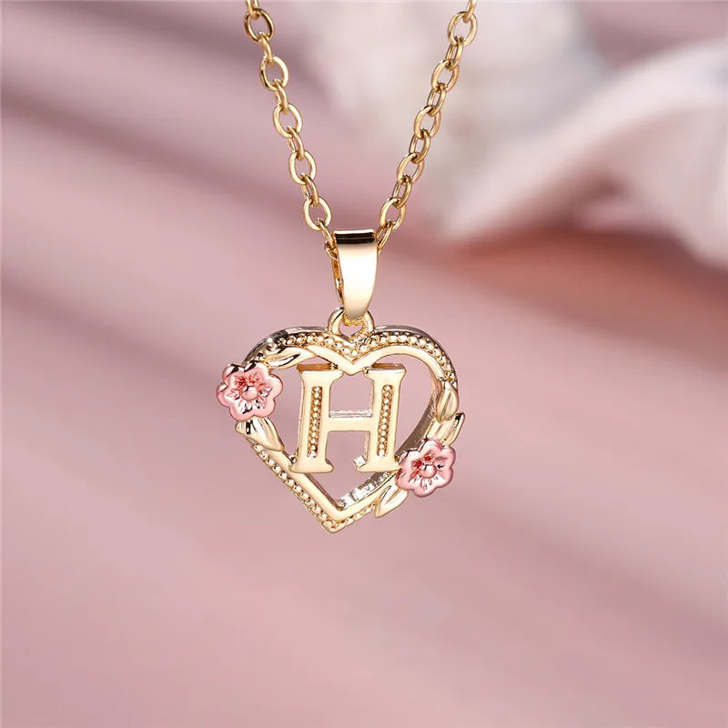 A-Z Letter Flower Pendant Necklace Yellow Gold Color Jewelry Gift For Women