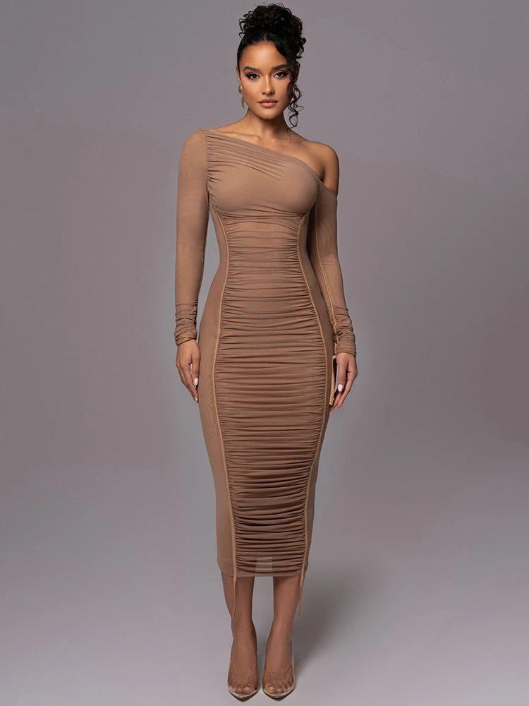 Long Sleeve Midi Dress For Women Two Layer Mesh Backless Ruched Bodycon Party Sexy Long Dress