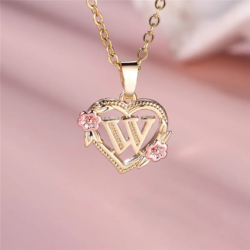 A-Z Letter Flower Pendant Necklace Yellow Gold Color Jewelry Gift For Women