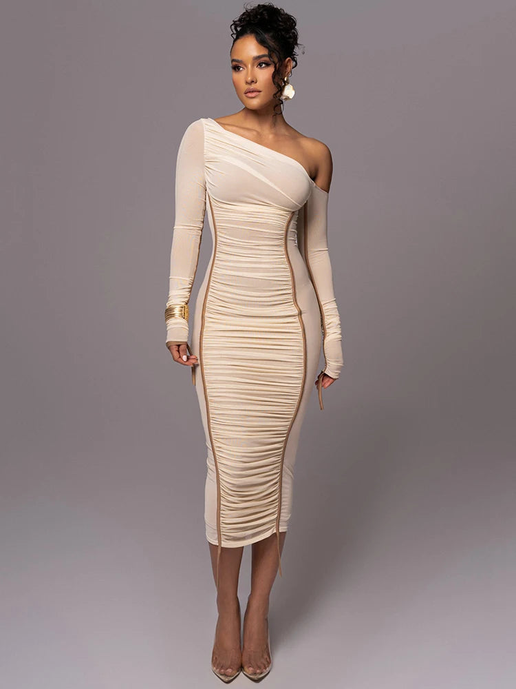 Long Sleeve Midi Dress For Women Two Layer Mesh Backless Ruched Bodycon Party Sexy Long Dress