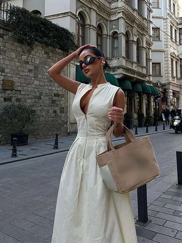 Women Fashion Round Collar Sleeveless Pleated Slim Elegant Solid Half Zipper A-line Dresse woman Casual High Street Robe