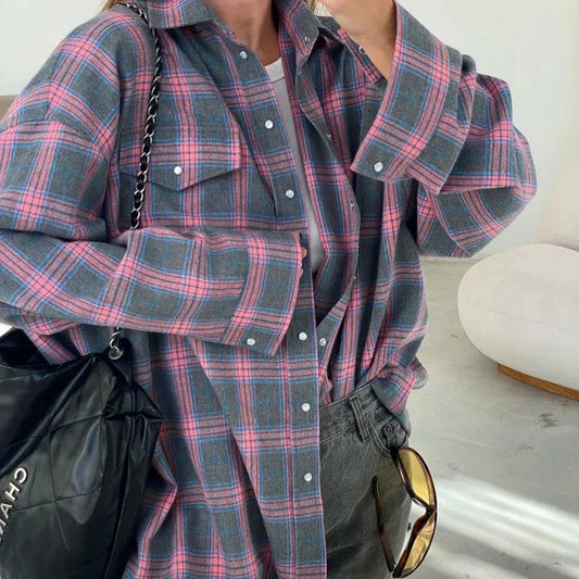 Vintage Women Over sized Long Sleeve Plaid Shirt Blouse Tops