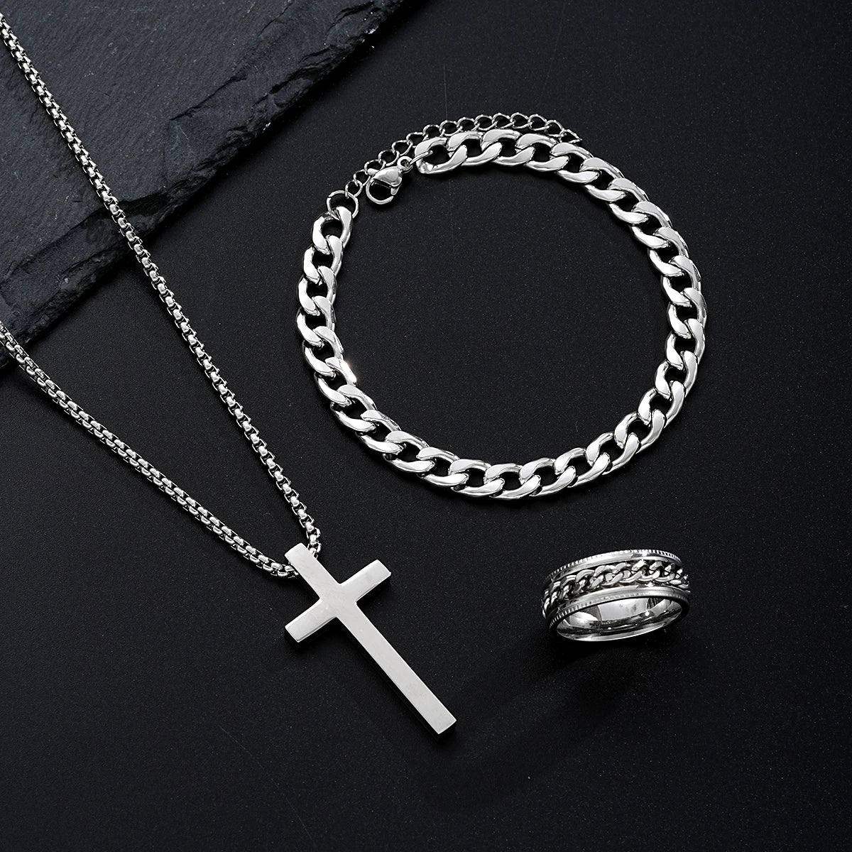 3 Pcs Stainless Steel Bracelet Necklace Ring for Men