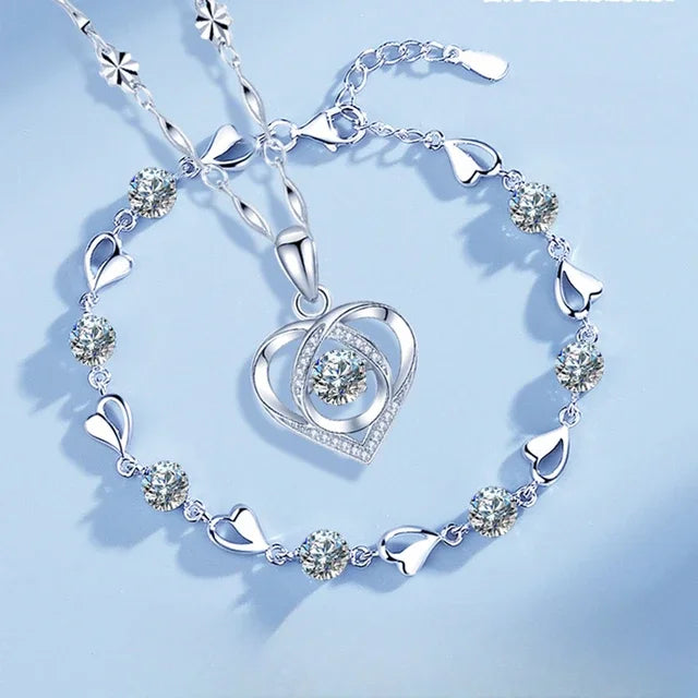 Sterling Silver Heart Shaped Necklace Bracelet Set for Women