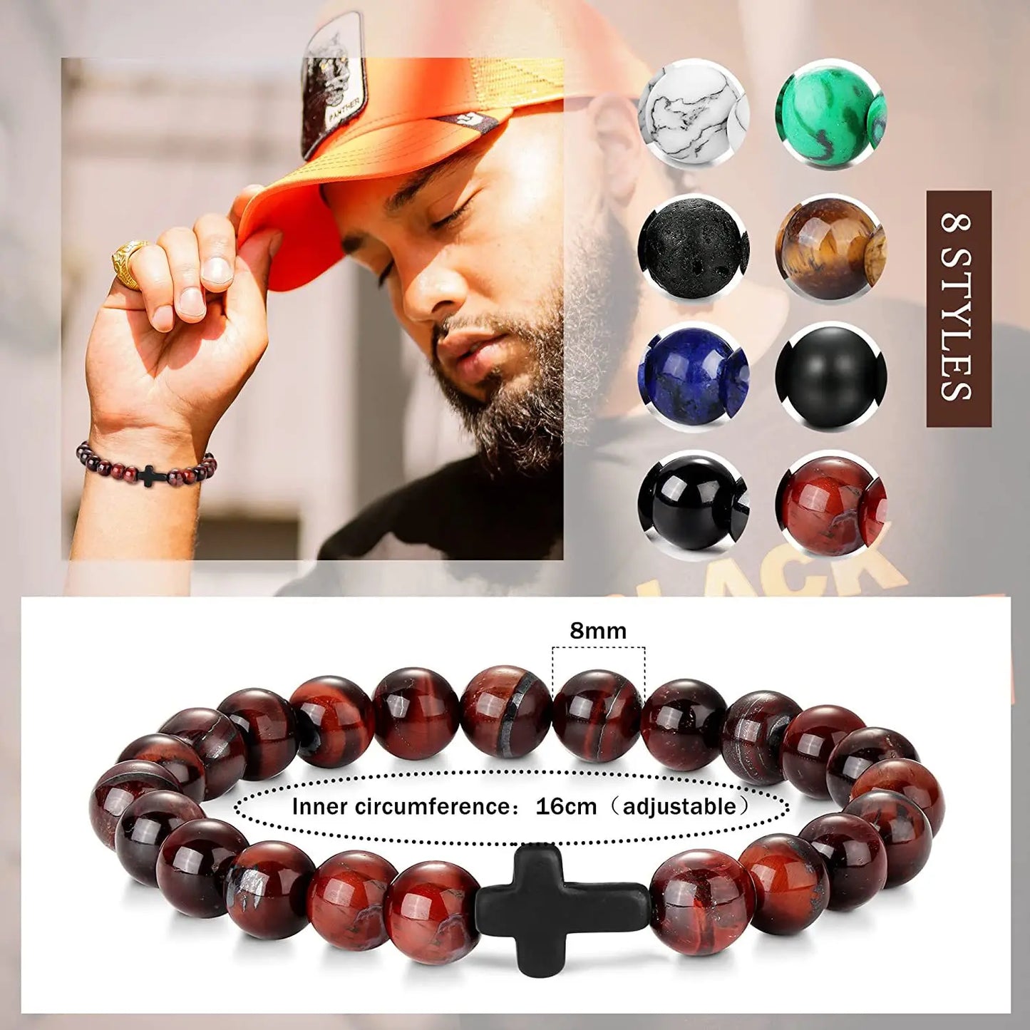 Men Natural Stone Bead Cross/Bracelet Women