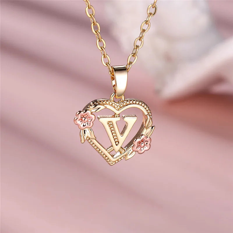 A-Z Letter Flower Pendant Necklace Yellow Gold Color Jewelry Gift For Women