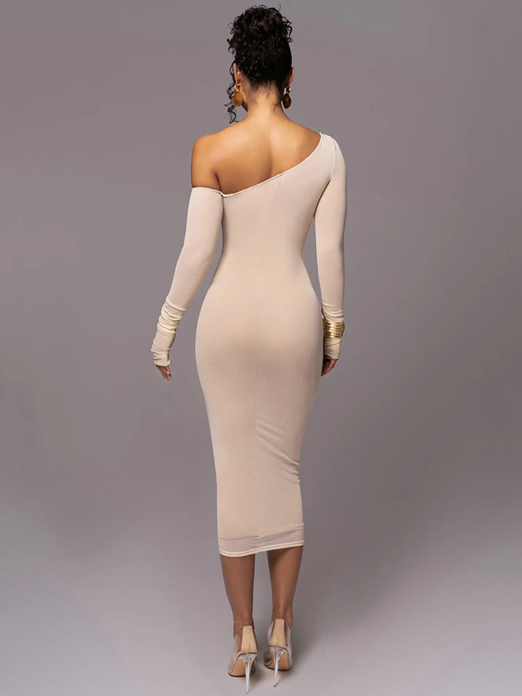 Long Sleeve Midi Dress For Women Two Layer Mesh Backless Ruched Bodycon Party Sexy Long Dress