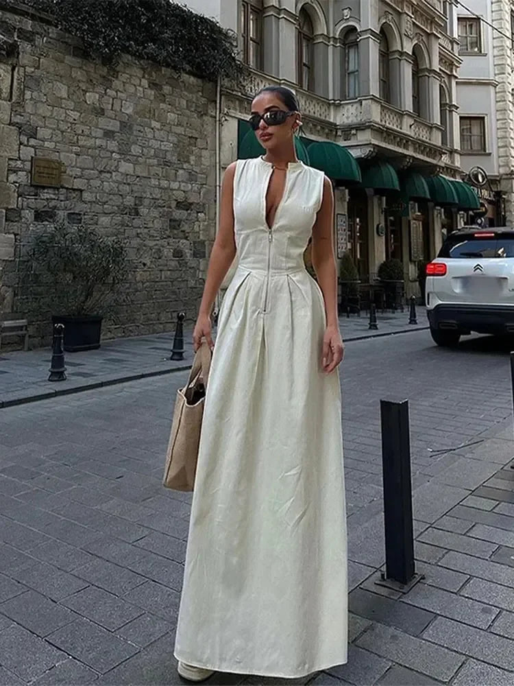 Women Fashion Round Collar Sleeveless Pleated Slim Elegant Solid Half Zipper A-line Dresse woman Casual High Street Robe