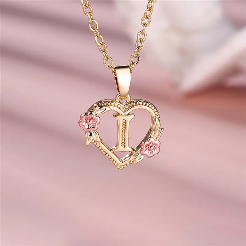 A-Z Letter Flower Pendant Necklace Yellow Gold Color Jewelry Gift For Women