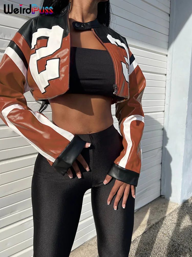 Leather Varsity Jacket Women Crop Coat