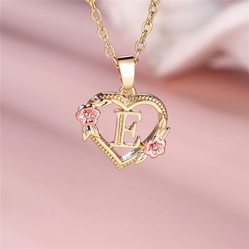 A-Z Letter Flower Pendant Necklace Yellow Gold Color Jewelry Gift For Women