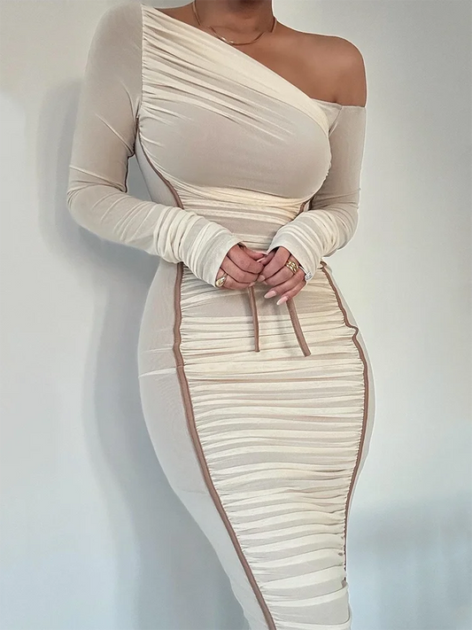 Long Sleeve Midi Dress For Women Two Layer Mesh Backless Ruched Bodycon Party Sexy Long Dress