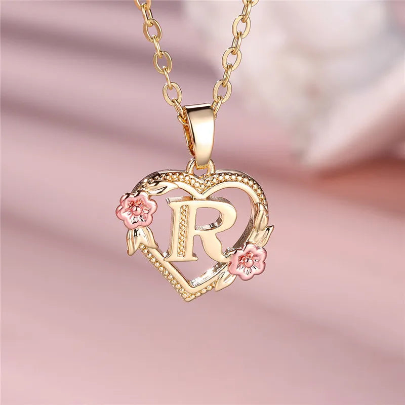 A-Z Letter Flower Pendant Necklace Yellow Gold Color Jewelry Gift For Women