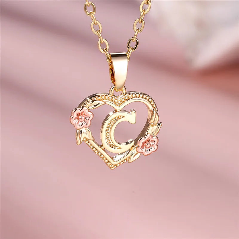 A-Z Letter Flower Pendant Necklace Yellow Gold Color Jewelry Gift For Women