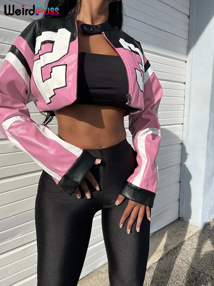 Leather Varsity Jacket Women Crop Coat