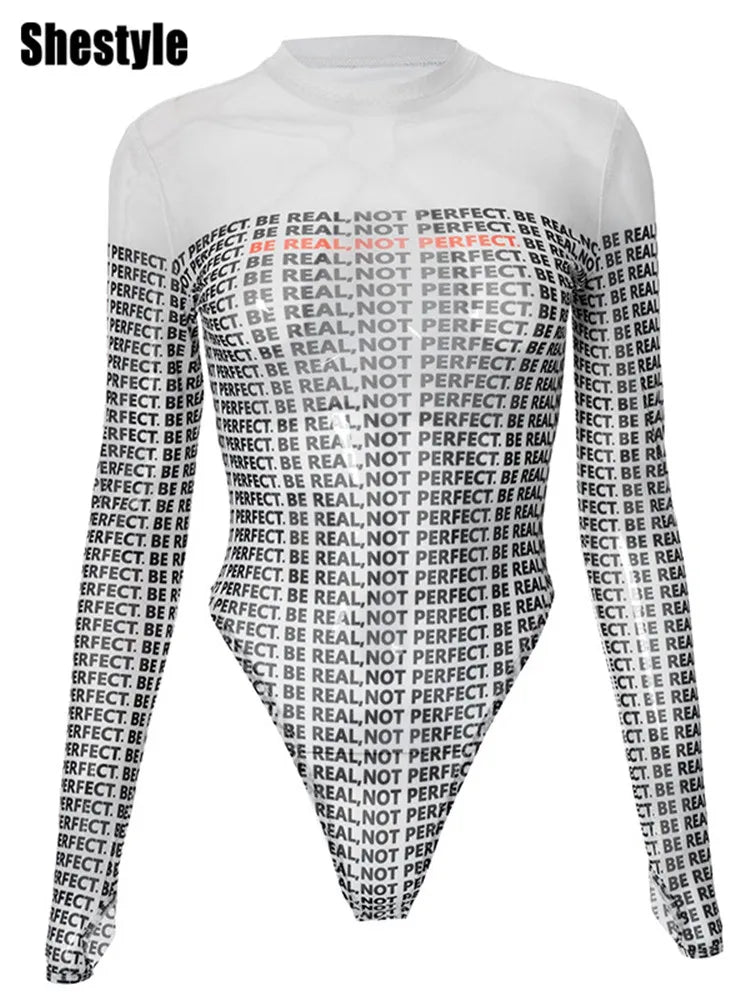 Shestyle Letter Printed Mesh Transparent Bodystui Women Panelled