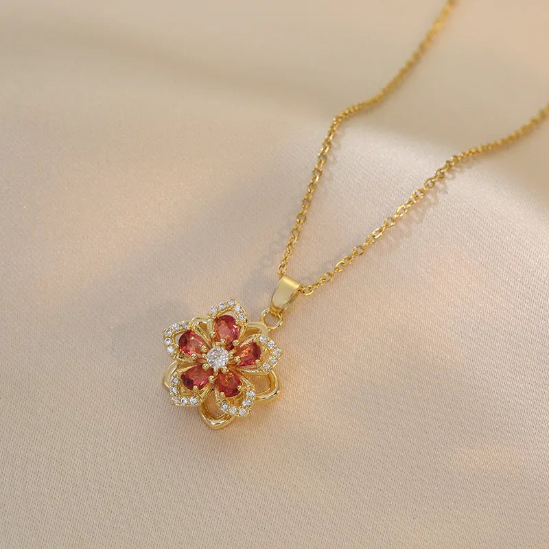 Stainless Steel Gold Plated Flower Pendant Necklace For Women Luxury Jewelry