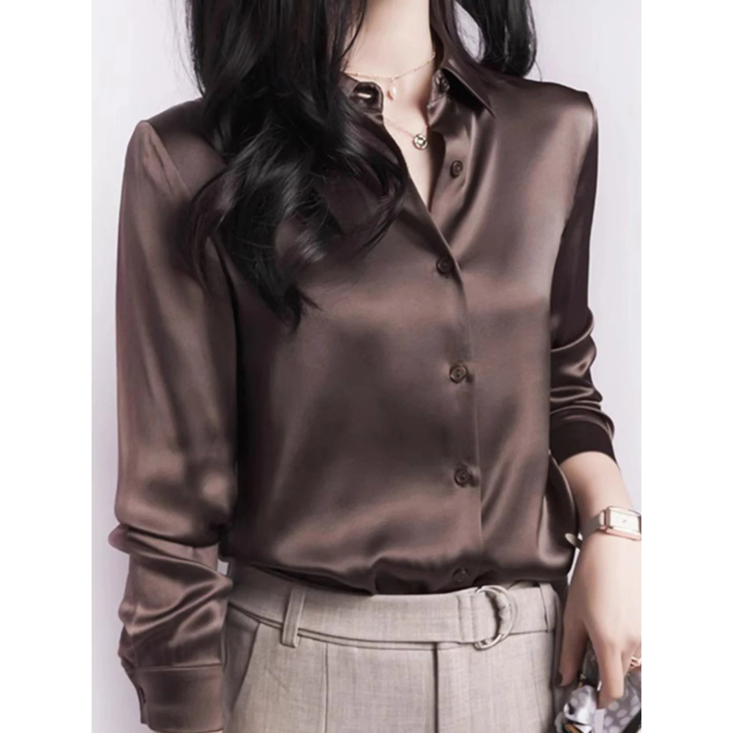 Women's Casual Elegant Satin Long Sleeved Shirt