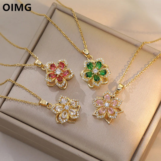 Stainless Steel Gold Plated Flower Pendant Necklace For Women Luxury Jewelry