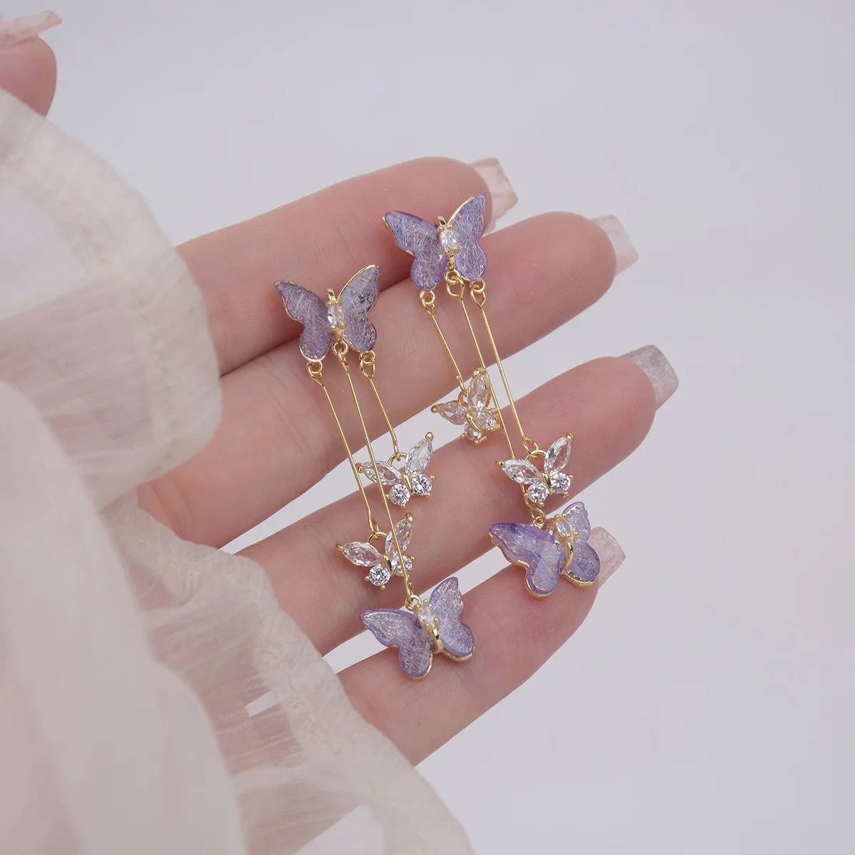 Silver Needle Purple Butterfly Long Tassel Earrings For Women