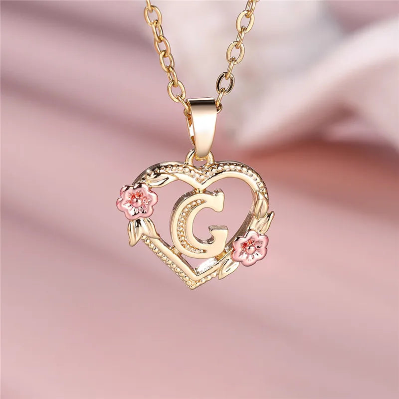 A-Z Letter Flower Pendant Necklace Yellow Gold Color Jewelry Gift For Women