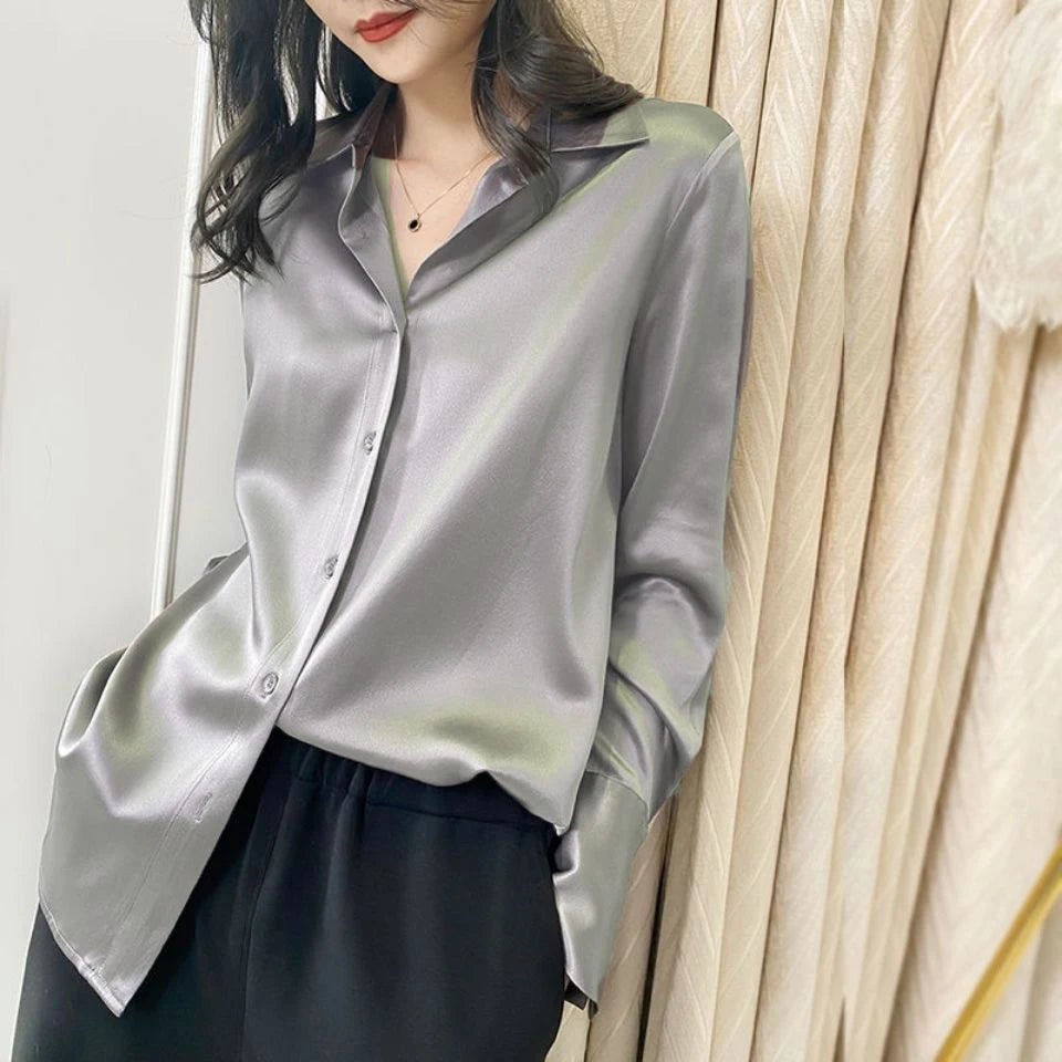 Women's Casual Elegant Satin Long Sleeved Shirt