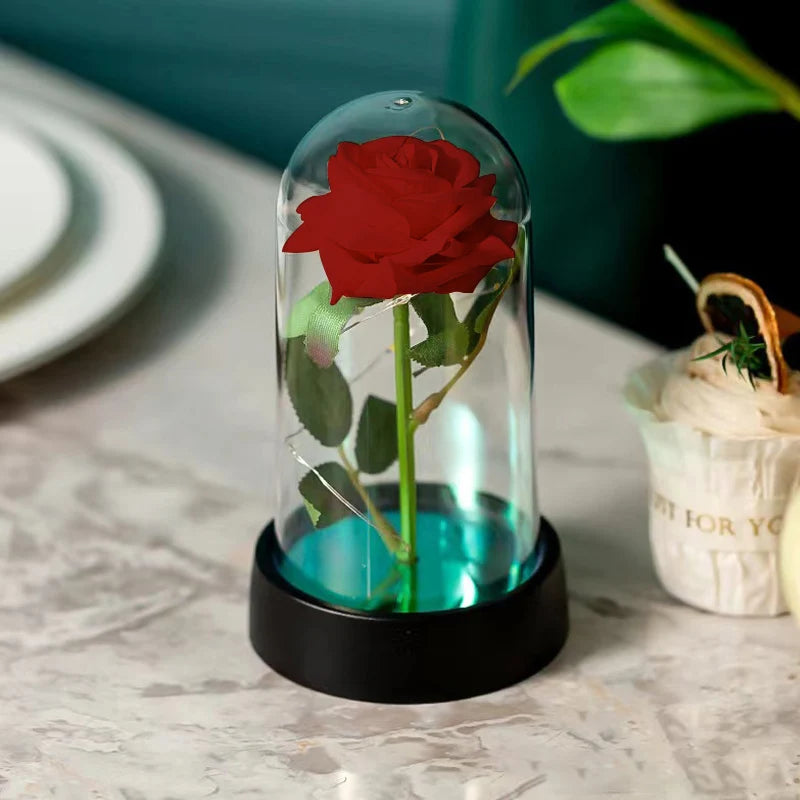 Rose Flowers LED Light Foil Flower in Glass Cover