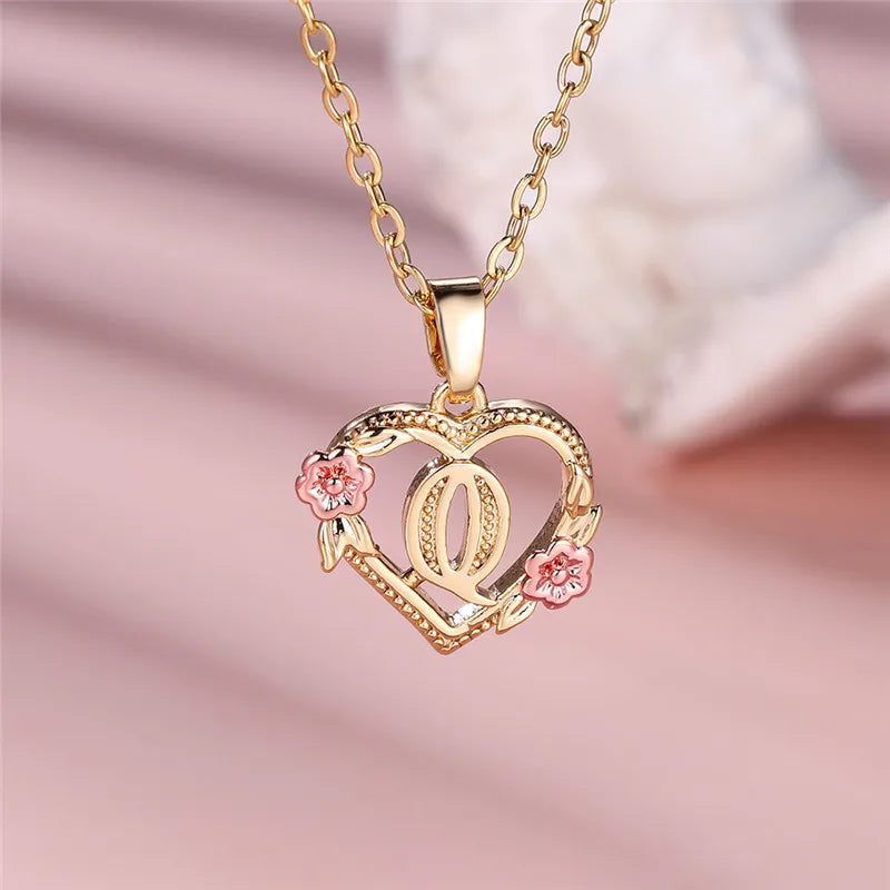 A-Z Letter Flower Pendant Necklace Yellow Gold Color Jewelry Gift For Women