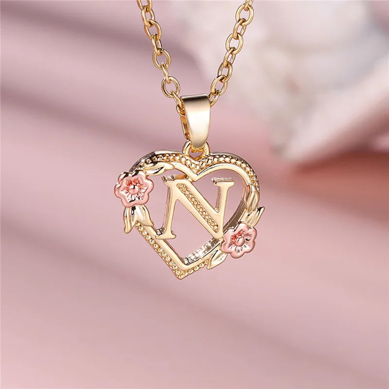 A-Z Letter Flower Pendant Necklace Yellow Gold Color Jewelry Gift For Women