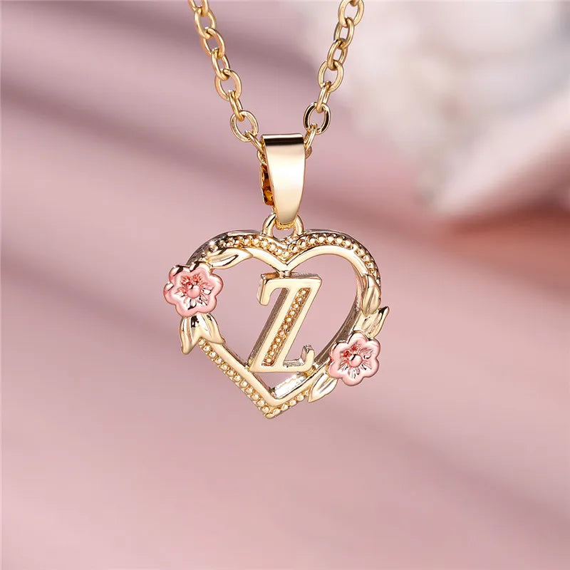 A-Z Letter Flower Pendant Necklace Yellow Gold Color Jewelry Gift For Women