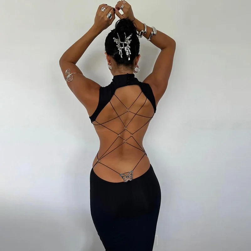 Cryptographic sexy Backless Bandage Butterfly Detail Long Dress Club Party Summer Sleeveless Maxi Dresse Elegant Outfits Robe