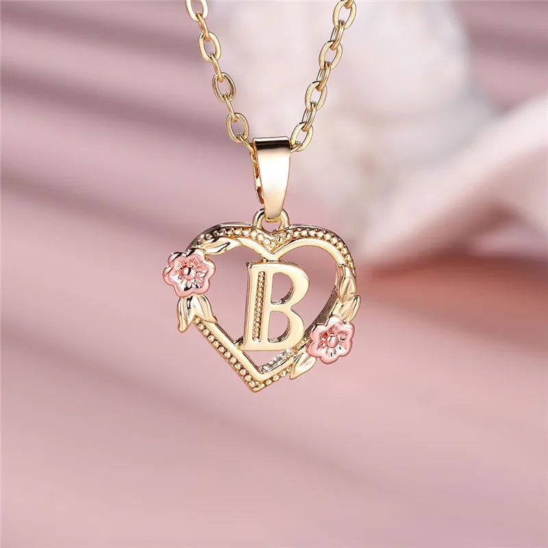 A-Z Letter Flower Pendant Necklace Yellow Gold Color Jewelry Gift For Women