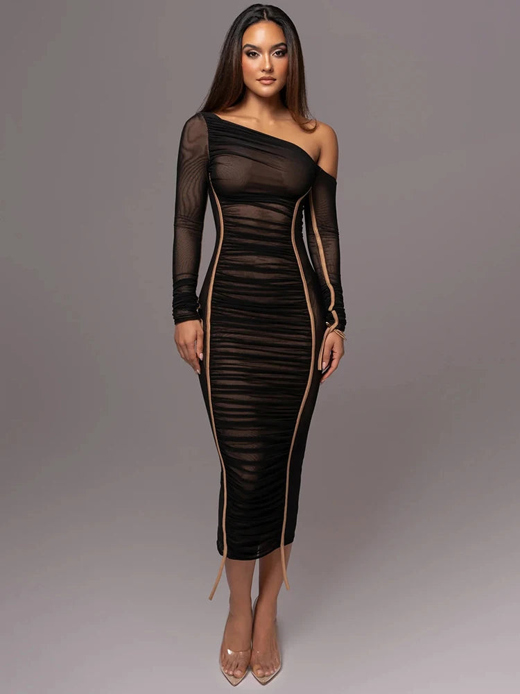 Long Sleeve Midi Dress For Women Two Layer Mesh Backless Ruched Bodycon Party Sexy Long Dress