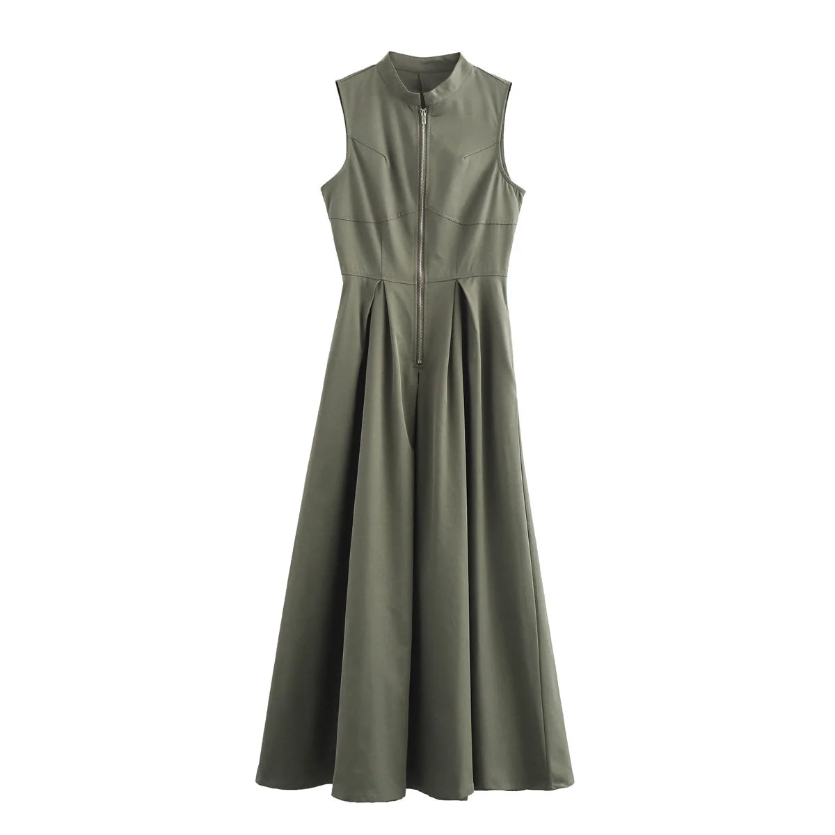 Women Fashion Round Collar Sleeveless Pleated Slim Elegant Solid Half Zipper A-line Dresse woman Casual High Street Robe