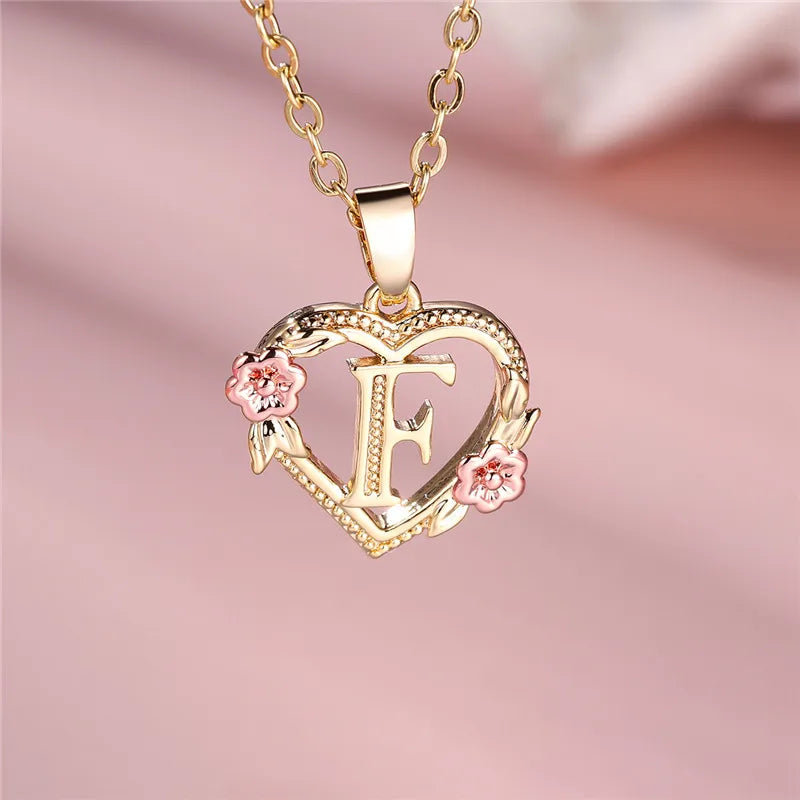 A-Z Letter Flower Pendant Necklace Yellow Gold Color Jewelry Gift For Women